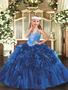 Blue Sleeveless Floor Length Beading and Ruffles Lace Up Little Girl Pageant Gowns