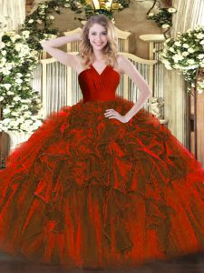 Charming Wine Red Sleeveless Organza Zipper Quinceanera Gown for Military Ball and Sweet 16 and Quinceanera