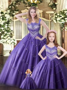Custom Designed Eggplant Purple Sleeveless Tulle Lace Up Quince Ball Gowns for Military Ball and Sweet 16 and Quinceaner