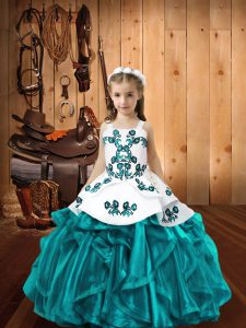 Teal Little Girl Pageant Gowns Sweet 16 and Quinceanera with Embroidery and Ruffles Straps Sleeveless Lace Up