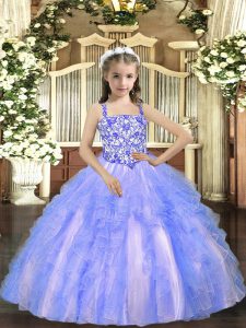 Sleeveless Floor Length Beading and Ruffles Lace Up Kids Formal Wear with Light Blue