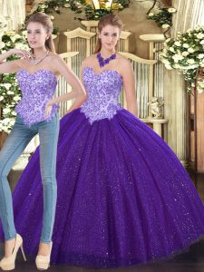 Smart Purple Ball Gowns Tulle Sweetheart Sleeveless Beading Floor Length Lace Up Vestidos de Quinceanera