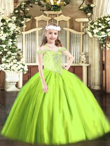 Floor Length Yellow Green Little Girls Pageant Dress Off The Shoulder Sleeveless Lace Up