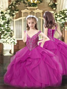 High End Sleeveless Floor Length Beading and Ruffles Lace Up Pageant Dress for Womens with Fuchsia