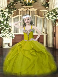 Hot Selling Olive Green Ball Gowns One Shoulder Sleeveless Organza Floor Length Lace Up Beading and Ruffles Little Girls