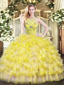 Low Price Gold Halter Top Zipper Beading and Ruffles Quinceanera Dresses Sleeveless