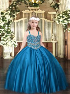 Discount Blue Lace Up Winning Pageant Gowns Beading Sleeveless Floor Length