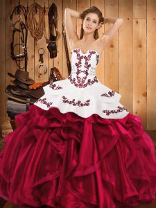 Ball Gowns Quinceanera Gown Burgundy Strapless Satin and Organza Sleeveless Floor Length Lace Up