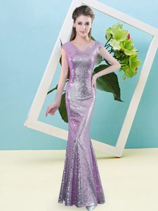 Lilac Mermaid V-neck Cap Sleeves Sequined Floor Length Zipper Sequins Womens Evening Dresses