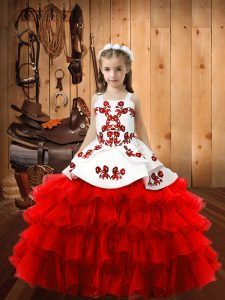 High Quality Red Lace Up Square Embroidery and Ruffled Layers Pageant Dress Organza Sleeveless