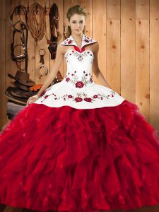 Ball Gowns 15th Birthday Dress Red Halter Top Satin and Organza Sleeveless Floor Length Lace Up