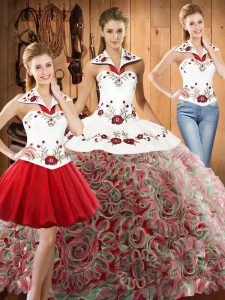 Multi-color Three Pieces Halter Top Sleeveless Fabric With Rolling Flowers Floor Length Lace Up Embroidery Sweet 16 Dres
