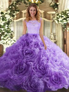Scoop Sleeveless Sweet 16 Quinceanera Dress Floor Length Lace Lavender Fabric With Rolling Flowers