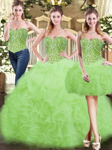 Sweet Yellow Green Ball Gowns Sweetheart Sleeveless Organza Floor Length Lace Up Beading and Ruffles Sweet 16 Quinceaner