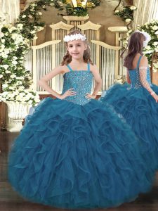 Teal Ball Gowns Tulle Straps Sleeveless Beading and Ruffles Floor Length Lace Up Pageant Dress