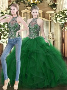 Customized Dark Green Quinceanera Dress Military Ball and Sweet 16 and Quinceanera with Beading and Ruffles High-neck Sl