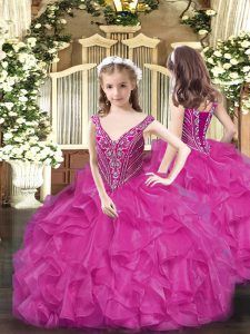 Hot Selling Sleeveless Organza Floor Length Lace Up Little Girls Pageant Dress in Fuchsia with Beading and Ruffles