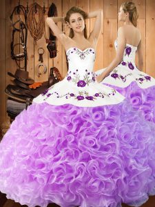 Floor Length Lace Up Ball Gown Prom Dress Lilac for Military Ball and Sweet 16 and Quinceanera with Embroidery