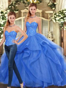 Hot Sale Sleeveless Floor Length Beading and Ruffles Lace Up Quinceanera Gowns with Blue