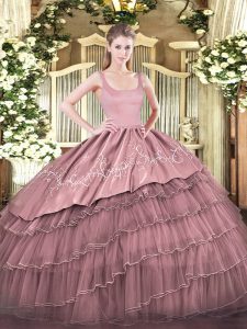 Pink Ball Gowns Embroidery and Ruffled Layers Quinceanera Dresses Zipper Organza Sleeveless Floor Length