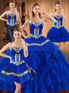 Floor Length Lace Up Quince Ball Gowns Blue for Military Ball and Sweet 16 and Quinceanera with Embroidery and Ruffles