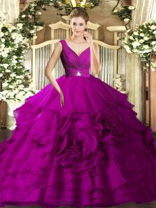 New Arrival Floor Length Backless Quinceanera Gown Fuchsia for Sweet 16 and Quinceanera with Beading and Ruffles