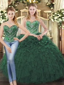 Glorious Floor Length Lace Up Ball Gown Prom Dress Dark Green for Military Ball and Sweet 16 and Quinceanera with Beadin