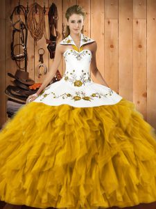 Romantic Embroidery and Ruffles Quince Ball Gowns Gold Lace Up Sleeveless Floor Length