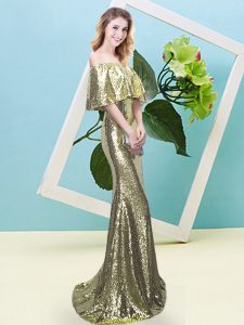 Off The Shoulder Half Sleeves Zipper Prom Dress Yellow Sequined