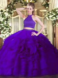 New Arrival Floor Length Purple Sweet 16 Dresses Tulle Sleeveless Beading and Ruffles