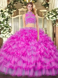 Lilac Backless 15th Birthday Dress Beading and Ruffled Layers Sleeveless Floor Length