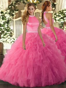 Hot Pink Sleeveless Organza Backless Sweet 16 Dress for Military Ball and Sweet 16 and Quinceanera