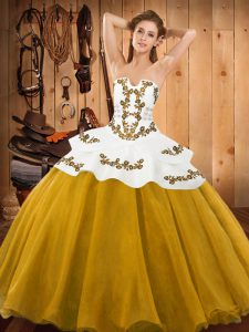 High Class Gold Lace Up Ball Gown Prom Dress Embroidery Sleeveless Floor Length