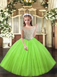 Off The Shoulder Sleeveless Tulle Kids Formal Wear Beading and Ruffles Lace Up