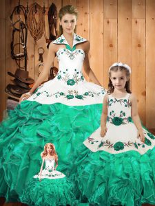 Halter Top Sleeveless Quince Ball Gowns Floor Length Embroidery and Ruffles Green Tulle