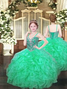 Turquoise Spaghetti Straps Lace Up Beading and Ruffles Little Girls Pageant Gowns Sleeveless