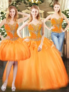 Graceful Orange Red Organza Lace Up Quince Ball Gowns Sleeveless Floor Length Beading and Ruffles