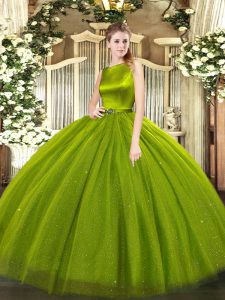 Sleeveless Tulle Floor Length Clasp Handle Sweet 16 Dresses in Olive Green with Belt