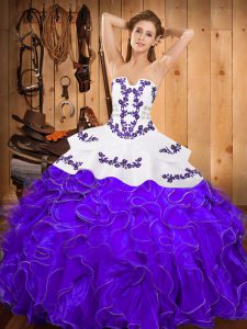 Shining Strapless Sleeveless Satin and Organza Quinceanera Dresses Embroidery and Ruffles Lace Up