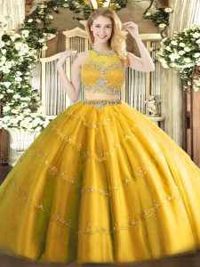 Traditional Scoop Sleeveless Tulle Quinceanera Gown Beading Zipper