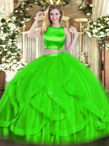 High-neck Sleeveless Quinceanera Dress Floor Length Ruffles Green Tulle