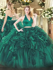 Designer Dark Green Zipper Quince Ball Gowns Ruffles Sleeveless Floor Length