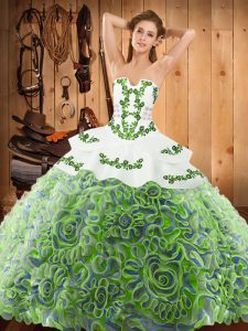 Satin and Fabric With Rolling Flowers Strapless Sleeveless Sweep Train Lace Up Embroidery Sweet 16 Dress in Multi-color