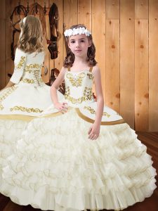 Sleeveless Floor Length Embroidery and Ruffled Layers Lace Up Child Pageant Dress with White