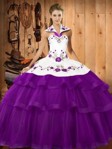 Comfortable Organza Halter Top Sleeveless Sweep Train Lace Up Embroidery and Ruffled Layers Quince Ball Gowns in Purple