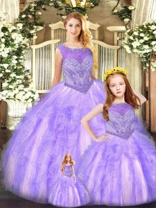 Hot Sale Sleeveless Organza Floor Length Lace Up Sweet 16 Quinceanera Dress in Lavender with Beading and Ruffles