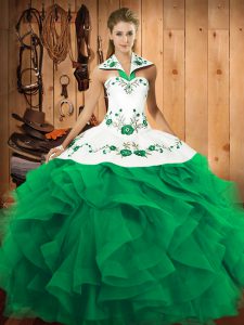 Fantastic Sleeveless Tulle Floor Length Lace Up Quinceanera Dresses in Turquoise with Embroidery and Ruffles