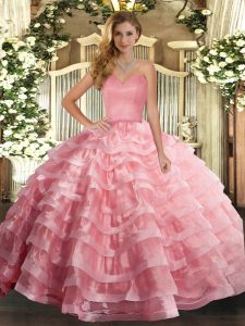 Ideal Watermelon Red Sleeveless Ruffled Layers Floor Length Quinceanera Gown