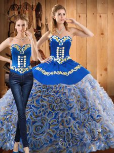 Graceful Satin and Fabric With Rolling Flowers Sweetheart Sleeveless Sweep Train Lace Up Embroidery Sweet 16 Dress in Mu