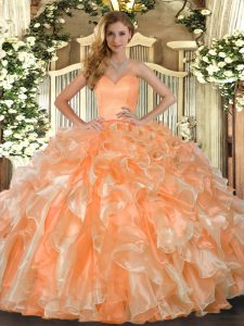 Fashion Orange Ball Gowns Organza Sweetheart Sleeveless Beading and Ruffles Floor Length Lace Up Sweet 16 Dress